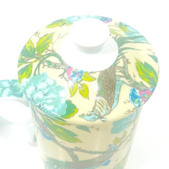 World Market Ceramic Tea Cup Lid & Infuser Basket Asian Peacock Floral 3 Pc - Picture 2 of 11